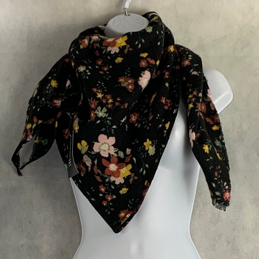INC International Concepts Women's Fleece Floral Triangle Scarf, Black, One Size
